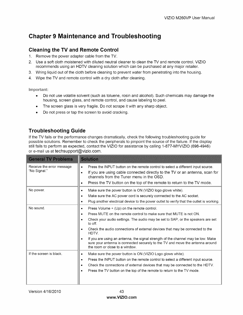 Chapters maintenance and troubleshooting, Cleaning the tv and remote control, Troubleshooting guide | General tv problems solution, Chapter 9 maintenance and troubleshooting | Vizio M260VP User Manual | Page 43 / 52