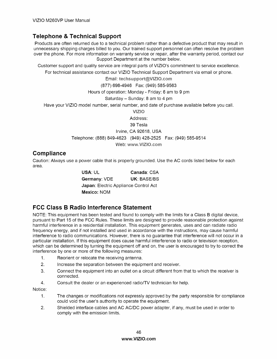 Telephone & technical support, Compliance, Fcc class b radio interference statement | Telephone & technical support compliance | Vizio M260VP User Manual | Page 46 / 52