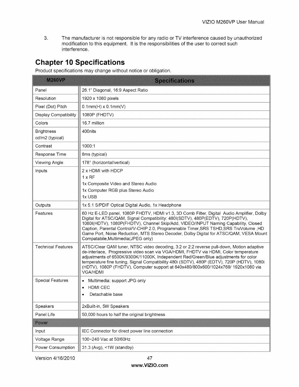 Specifications, Chapter 10 specifications | Vizio M260VP User Manual | Page 47 / 52