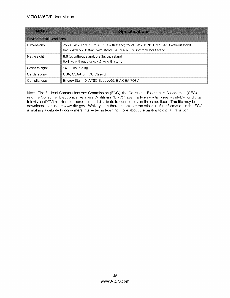 Vizio M260VP User Manual | Page 48 / 52