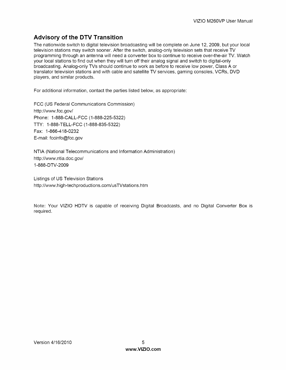 Advisory of the dtv transition | Vizio M260VP User Manual | Page 5 / 52