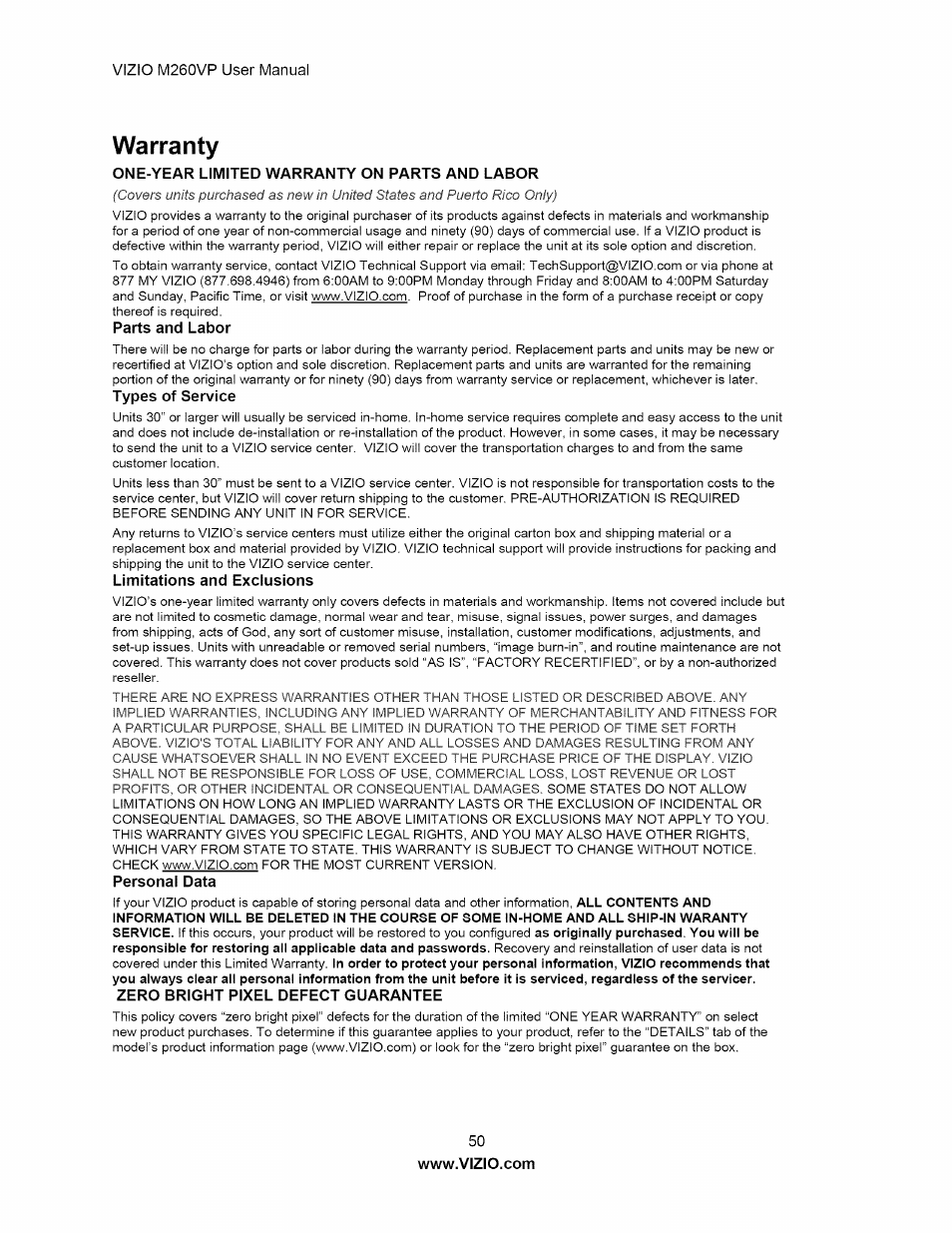 Warranty | Vizio M260VP User Manual | Page 50 / 52