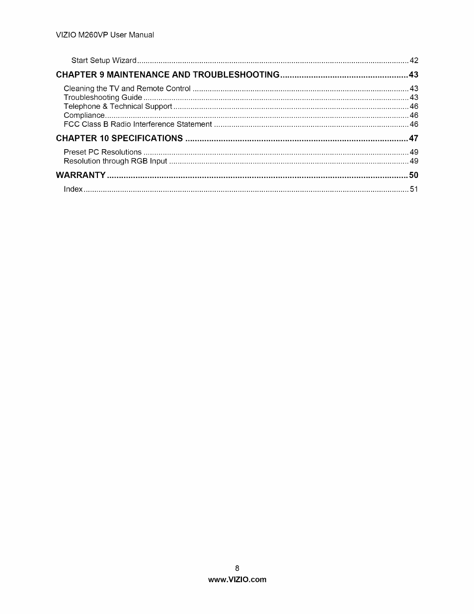 Vizio M260VP User Manual | Page 8 / 52