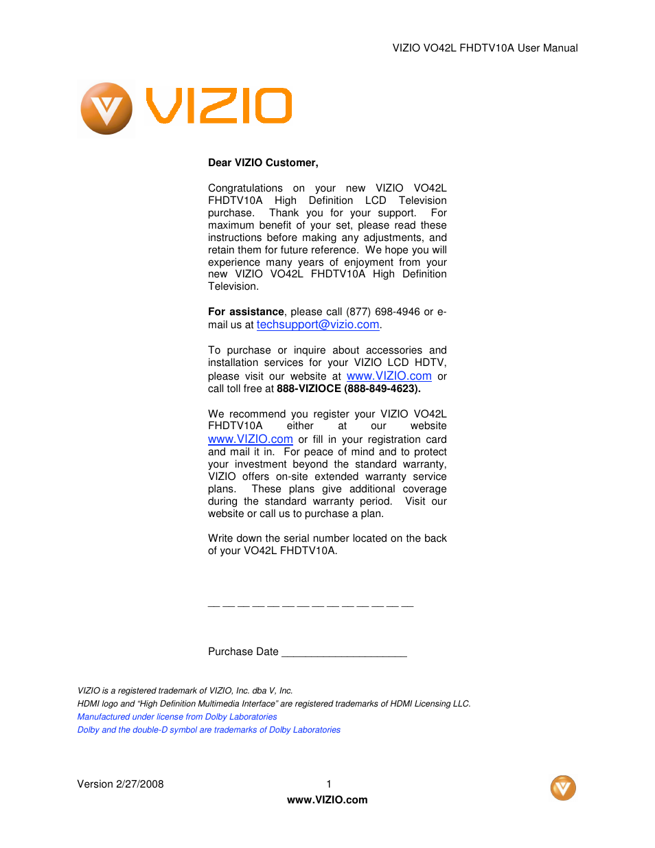 Vizio VO42LFHDTV10A User Manual | 77 pages