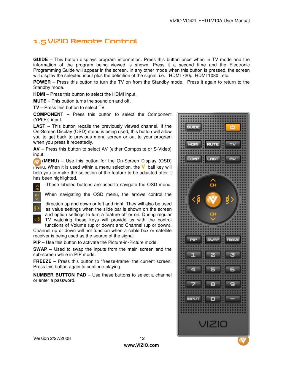 Vizio VO42LFHDTV10A User Manual | Page 12 / 77