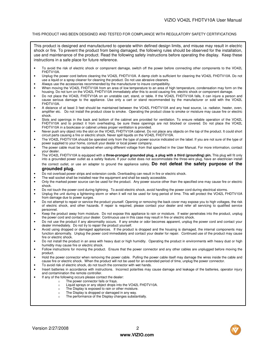 Vizio VO42LFHDTV10A User Manual | Page 2 / 77