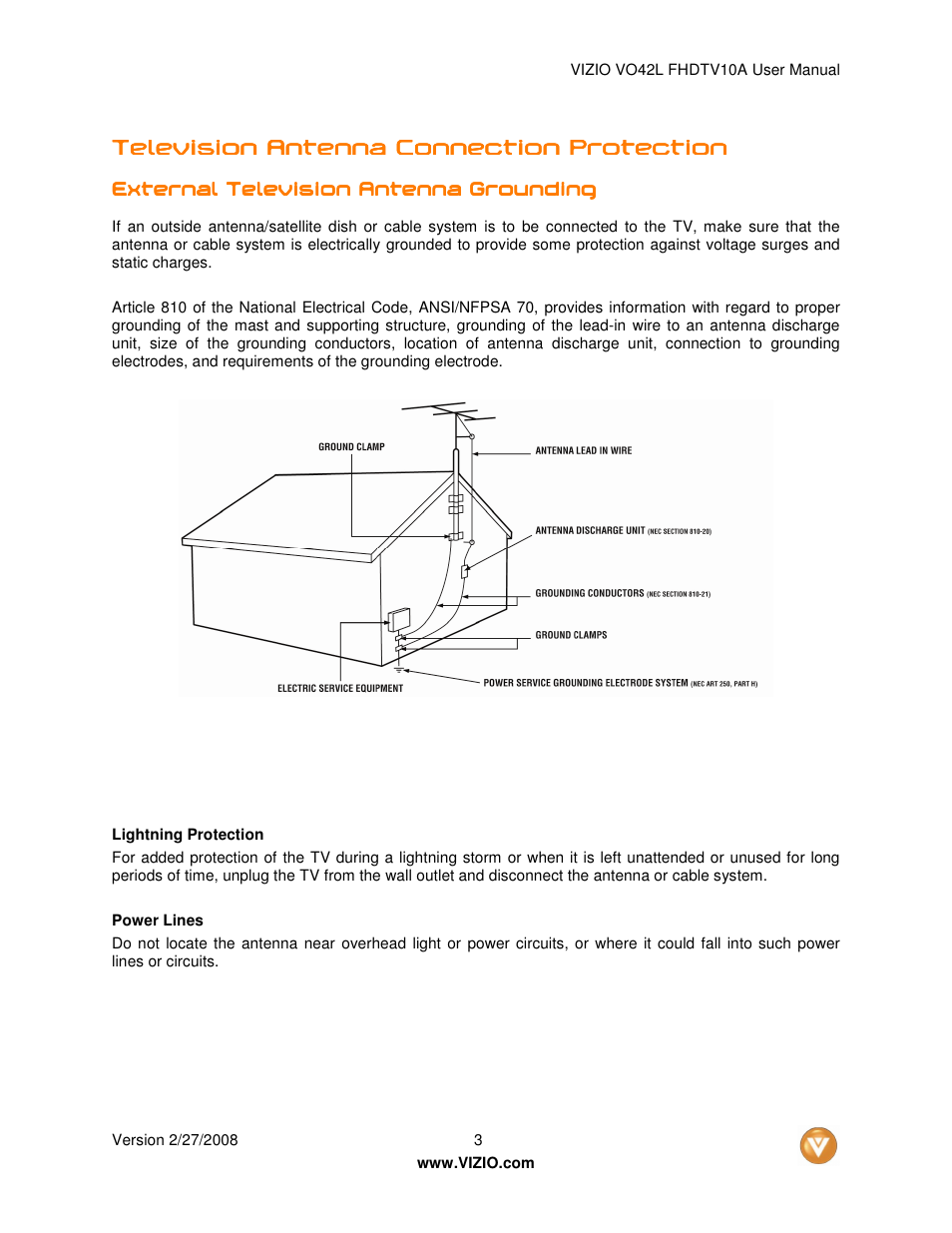 Television antenna connection prote | Vizio VO42LFHDTV10A User Manual | Page 3 / 77
