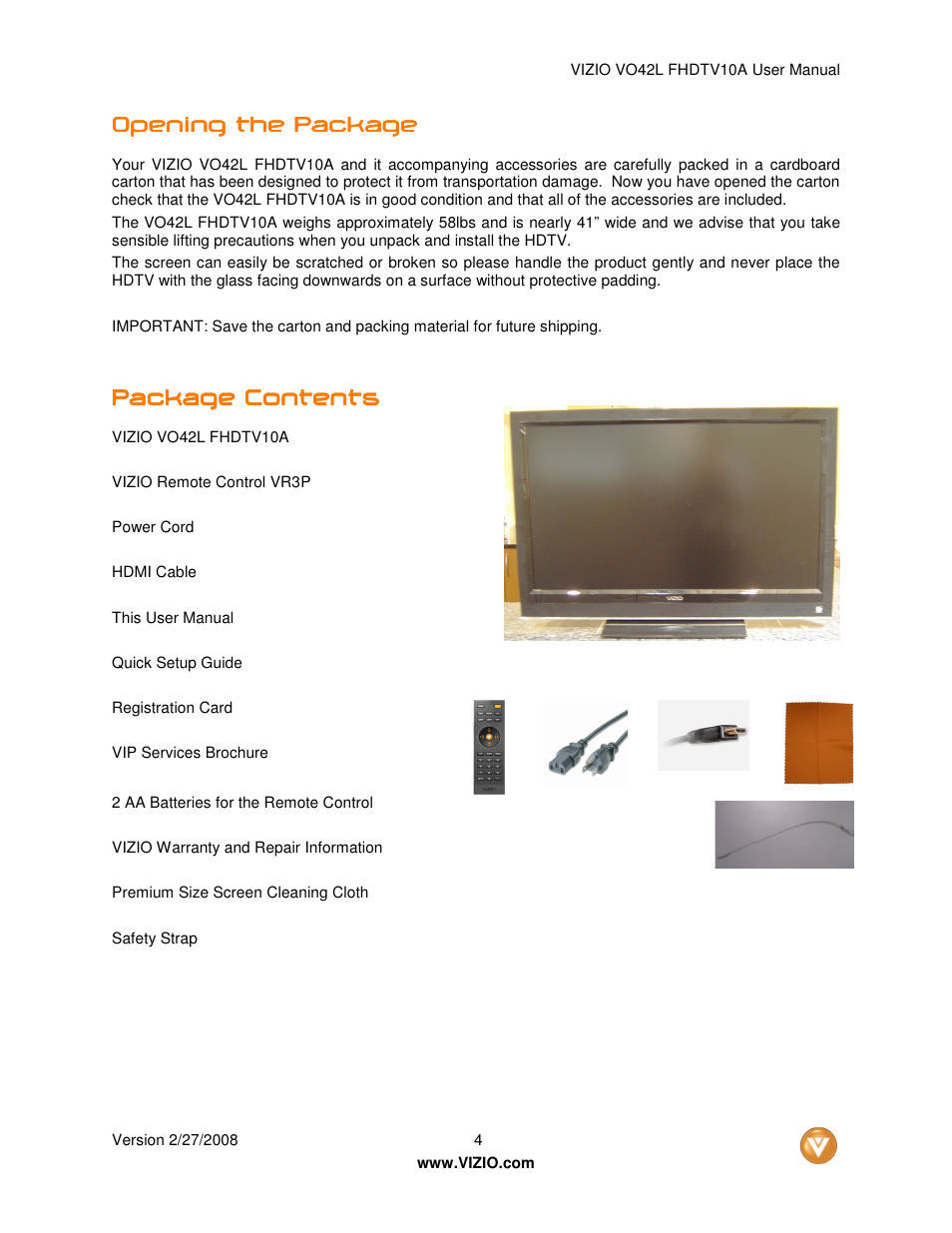 Vizio VO42LFHDTV10A User Manual | Page 4 / 77