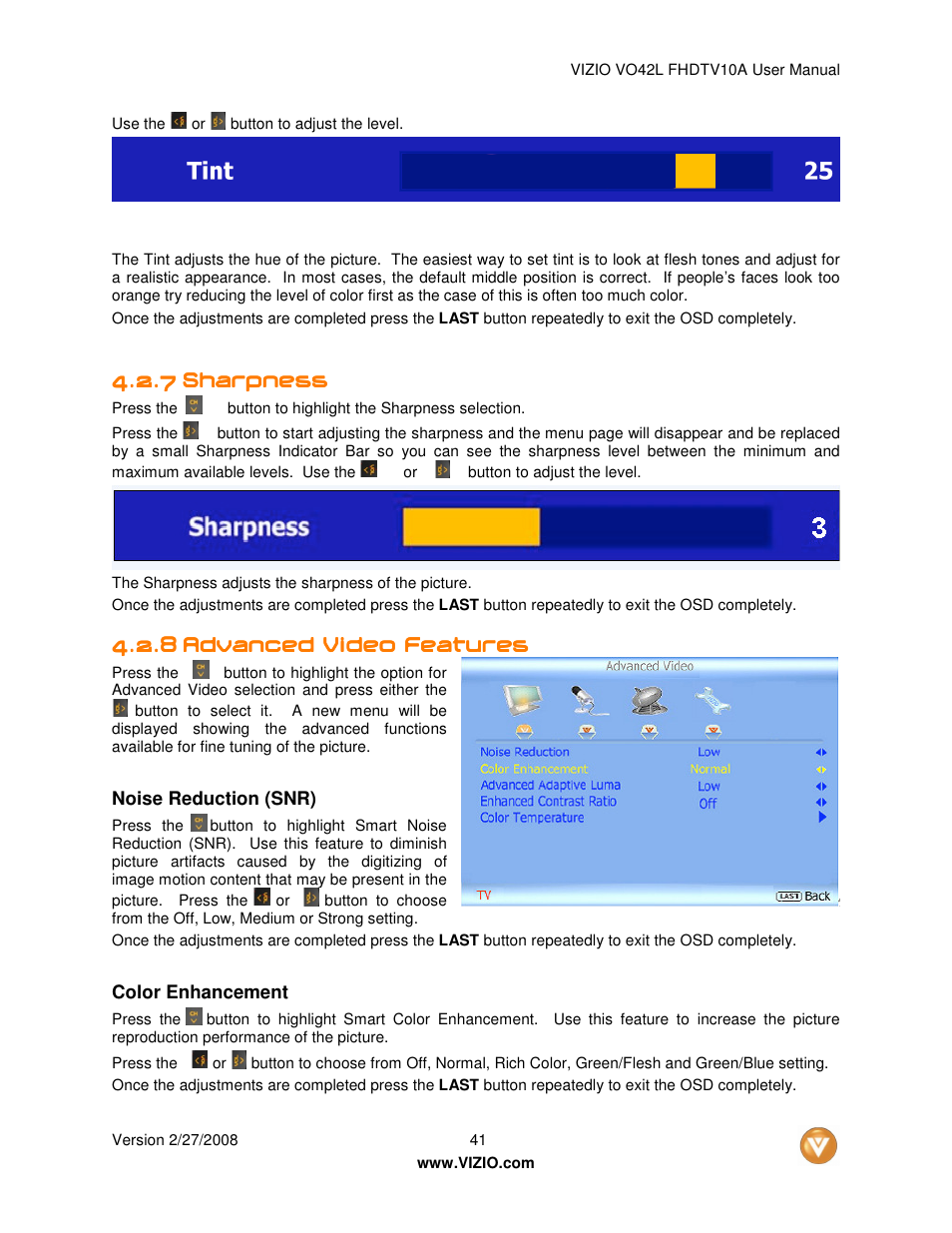 7 sharpness sharpness sharpness sharpness | Vizio VO42LFHDTV10A User Manual | Page 41 / 77
