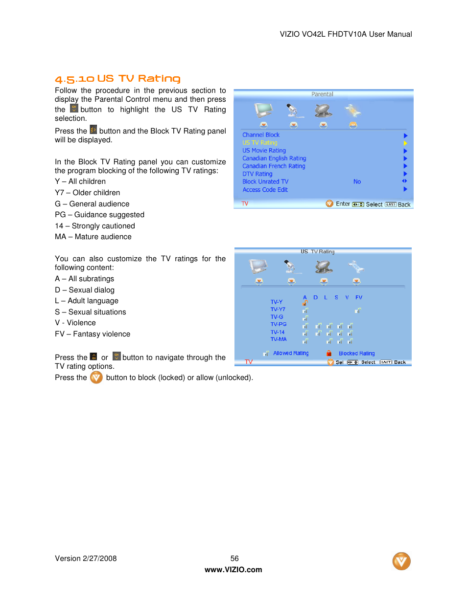 Vizio VO42LFHDTV10A User Manual | Page 56 / 77