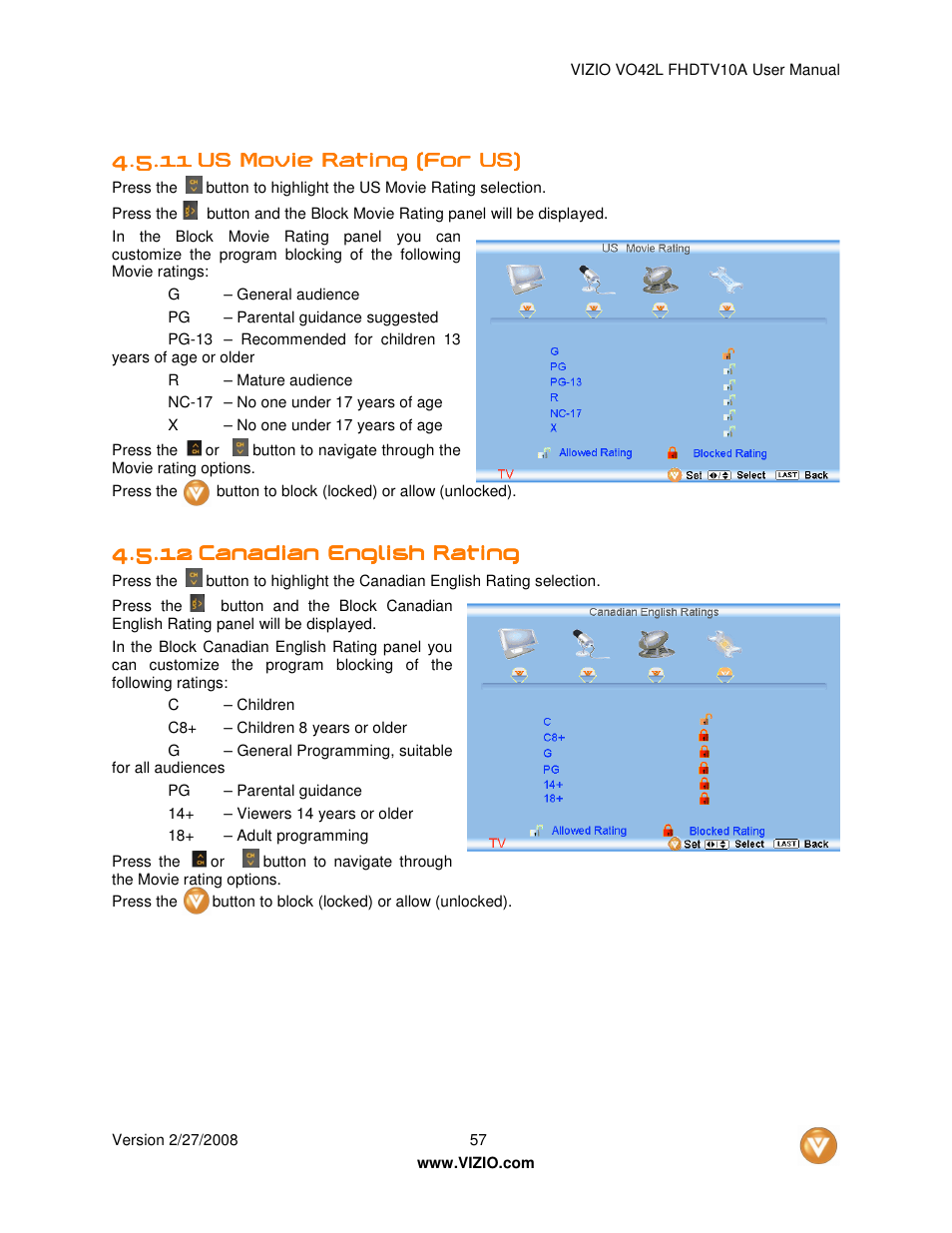 Vizio VO42LFHDTV10A User Manual | Page 57 / 77