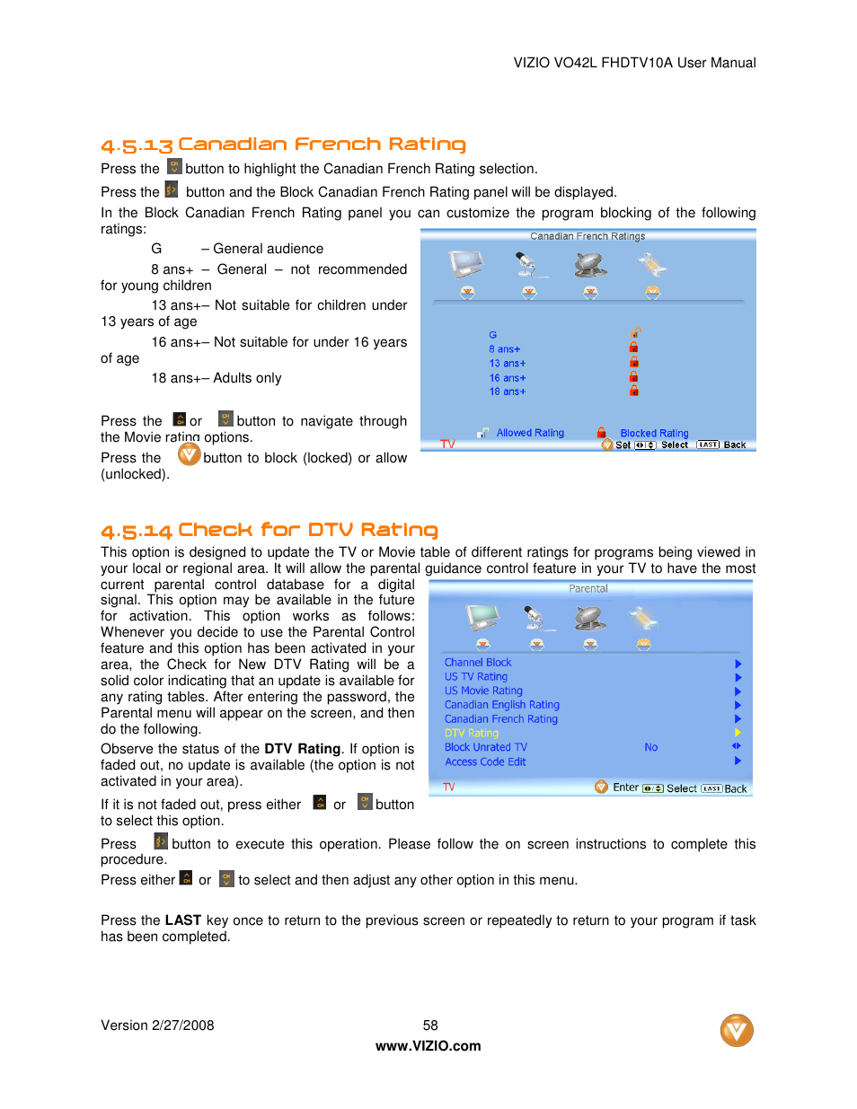 Vizio VO42LFHDTV10A User Manual | Page 58 / 77