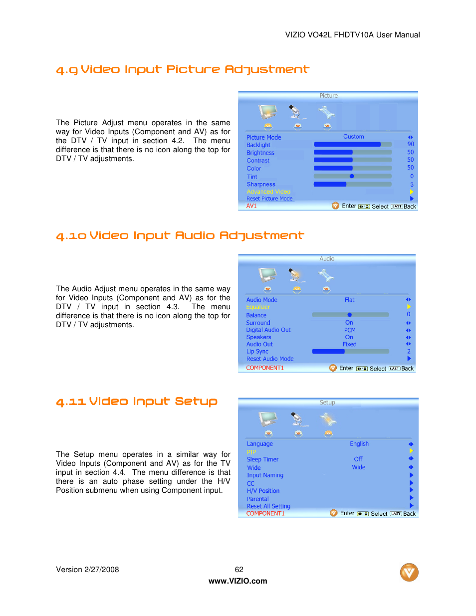Vizio VO42LFHDTV10A User Manual | Page 62 / 77