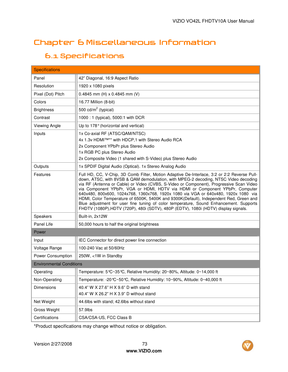 Chapter 6 | Vizio VO42LFHDTV10A User Manual | Page 73 / 77