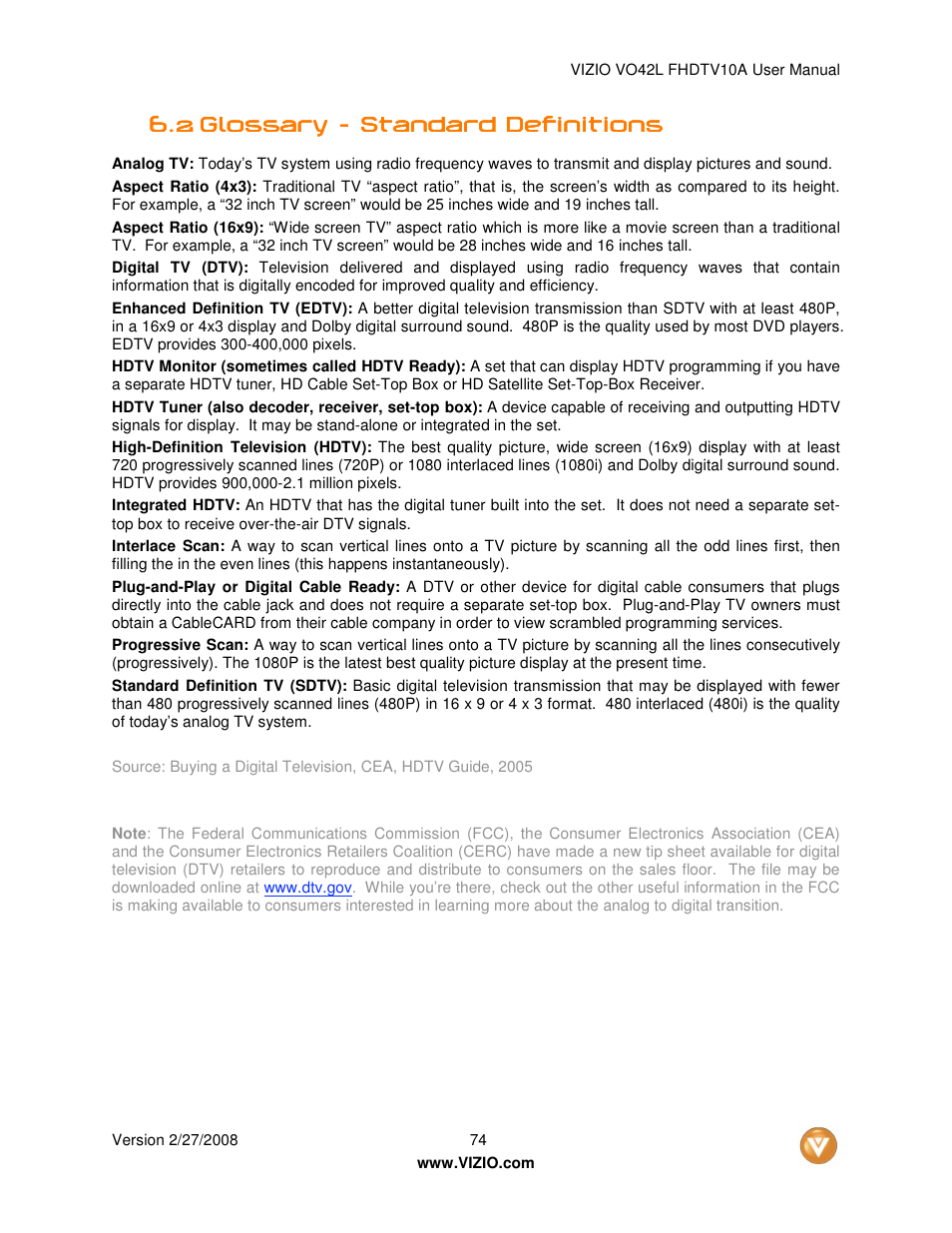 Vizio VO42LFHDTV10A User Manual | Page 74 / 77