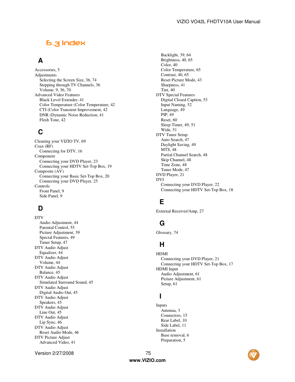 3 index index index index a | Vizio VO42LFHDTV10A User Manual | Page 75 / 77