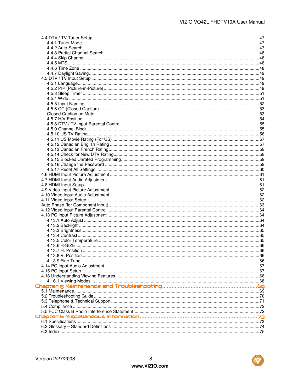 Vizio VO42LFHDTV10A User Manual | Page 8 / 77