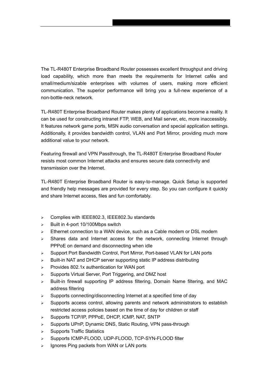 Chapter 2: introduction, 1 overview of the router, 2 features | 1 overview of the router 2.2 features, Enterprise broadband router user giude | Vizio TL-R480T User Manual | Page 7 / 60