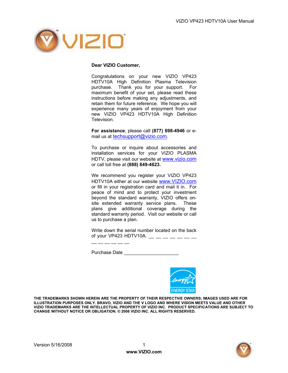 Vizio VP423 10A User Manual | 80 pages
