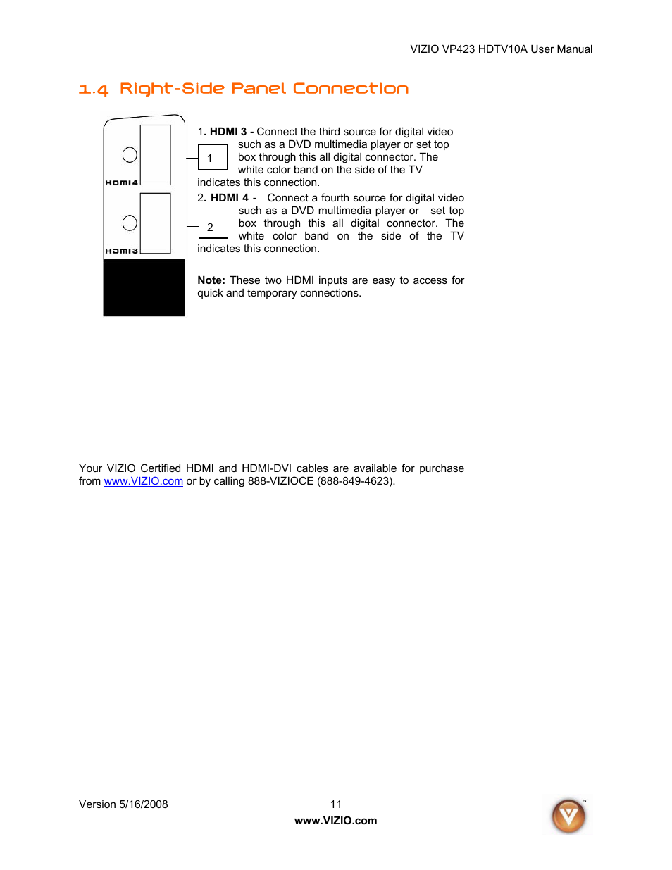 4 right-side panel connection | Vizio VP423 10A User Manual | Page 11 / 80