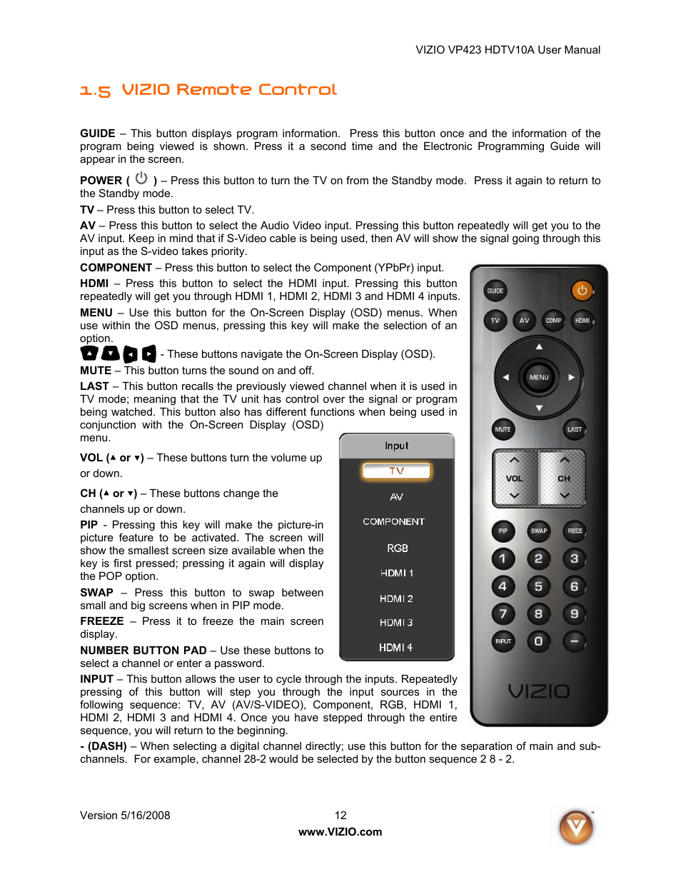 5 vizio remote control | Vizio VP423 10A User Manual | Page 12 / 80