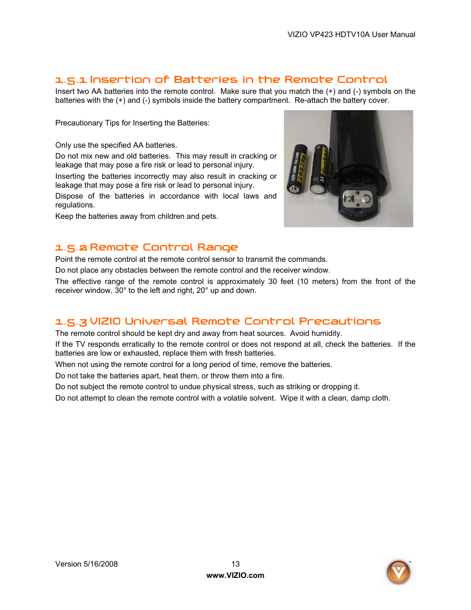 1 insertion of batteries in the remote control, 2 remote control range, 3 vizio universal remote control precautions | Vizio VP423 10A User Manual | Page 13 / 80