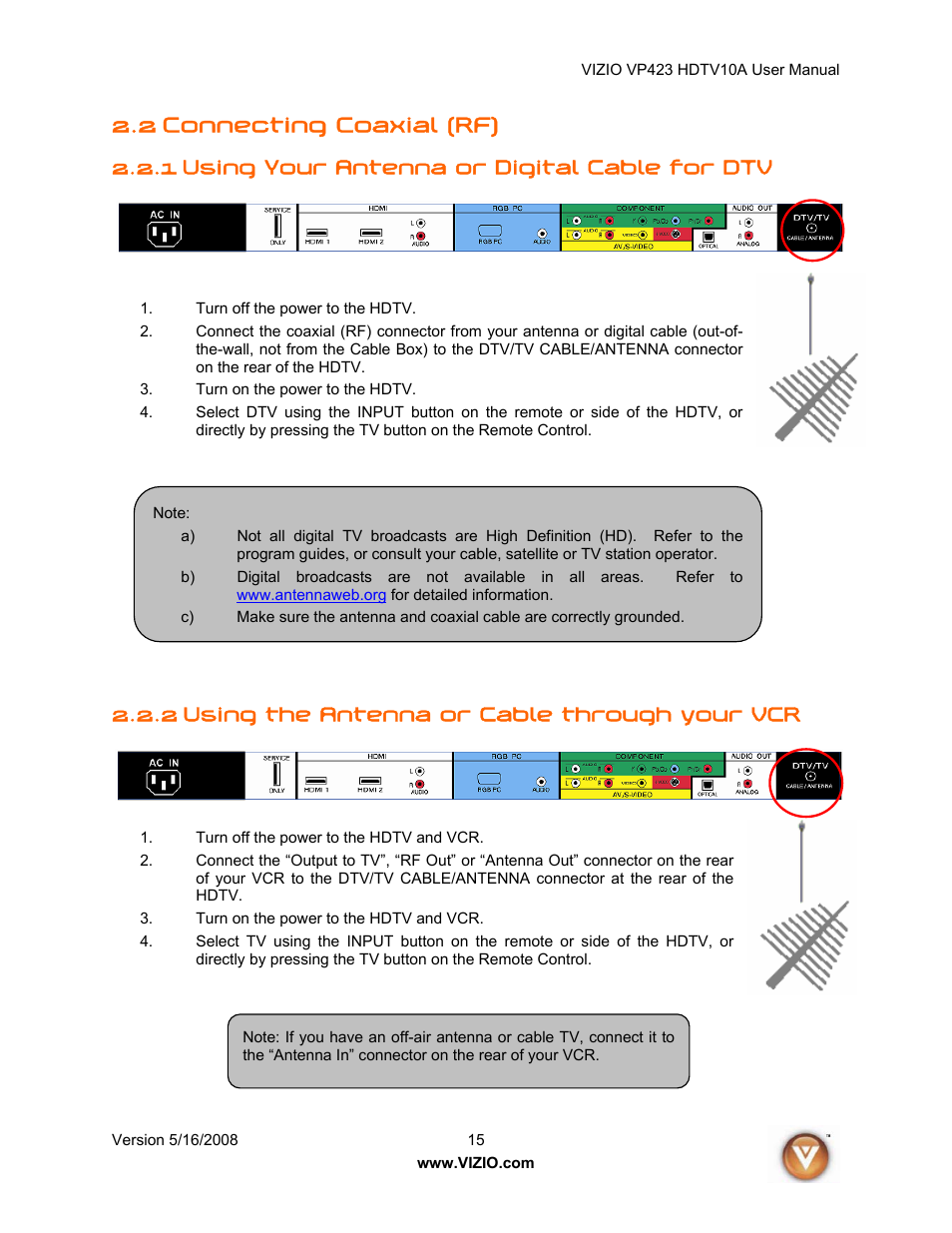 2 connecting coaxial (rf), Using your antenna or digital cable for dtv, 2 using the antenna or cable through your vcr | 1 using your antenna or digital cable for dtv | Vizio VP423 10A User Manual | Page 15 / 80