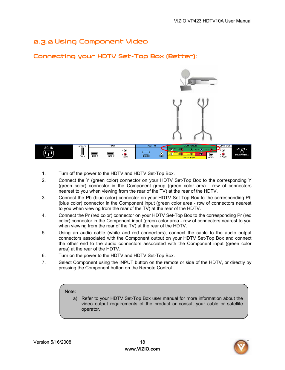 2 using component video | Vizio VP423 10A User Manual | Page 18 / 80