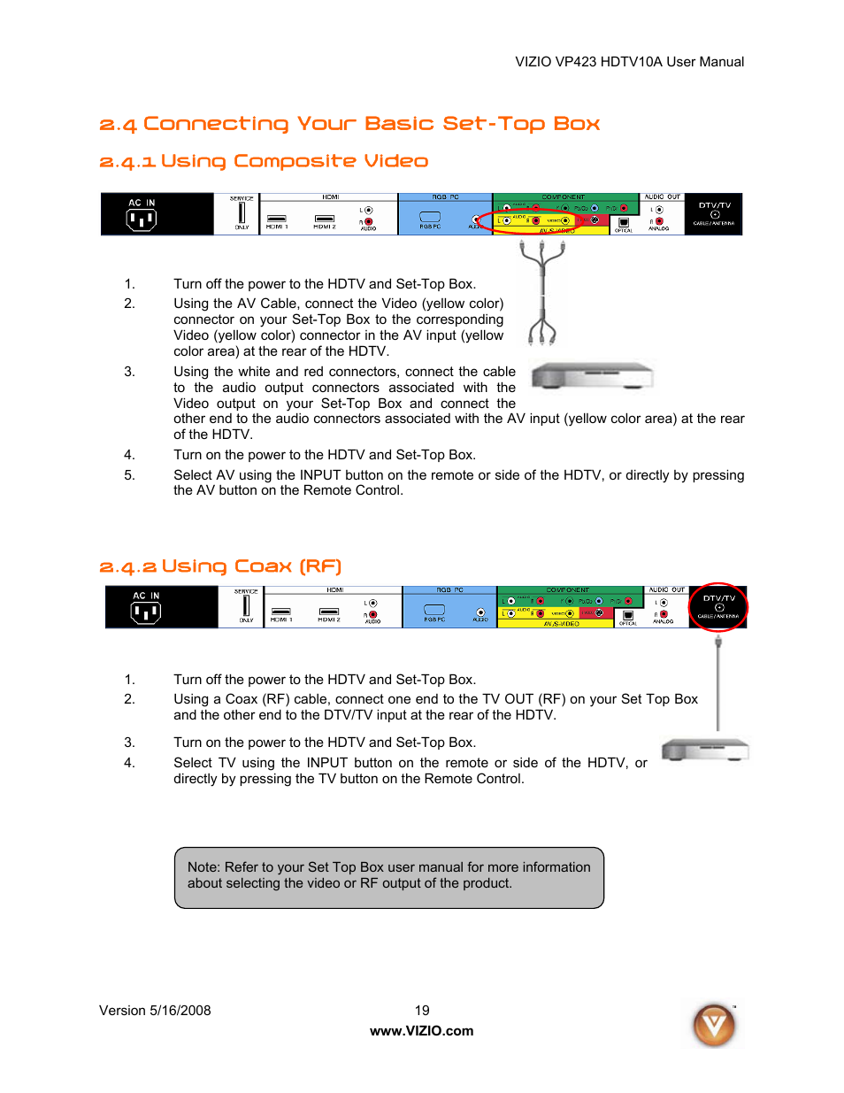 4 connecting your basic set-top box, Using composite video, Using coax (rf) | 1 using composite video, 2 using coax (rf) | Vizio VP423 10A User Manual | Page 19 / 80