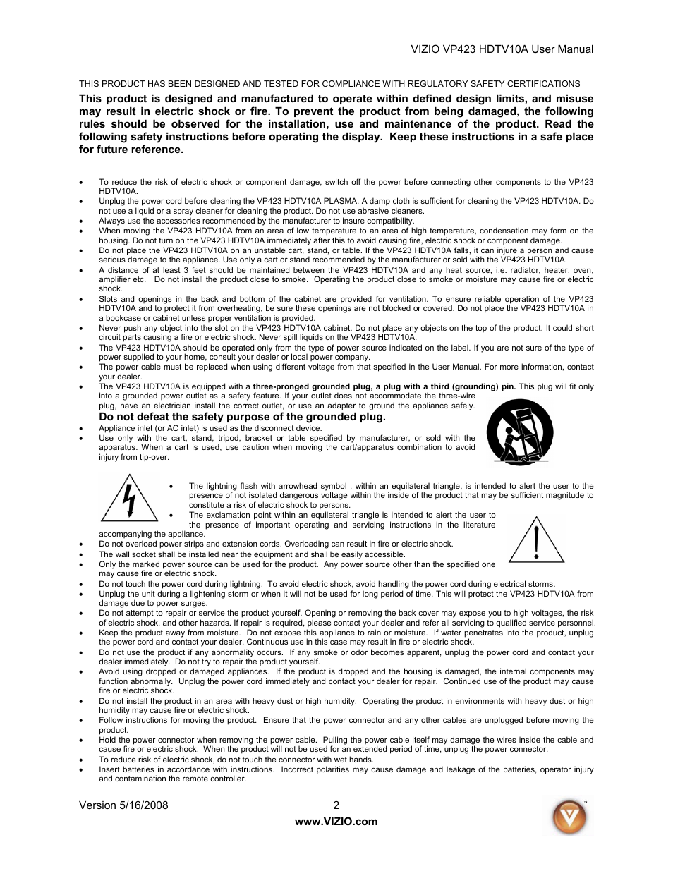 Vizio VP423 10A User Manual | Page 2 / 80