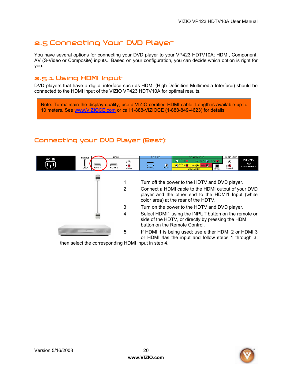 5 connecting your dvd player, 1 using hdmi input | Vizio VP423 10A User Manual | Page 20 / 80