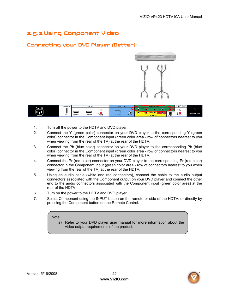 2 using component video | Vizio VP423 10A User Manual | Page 22 / 80
