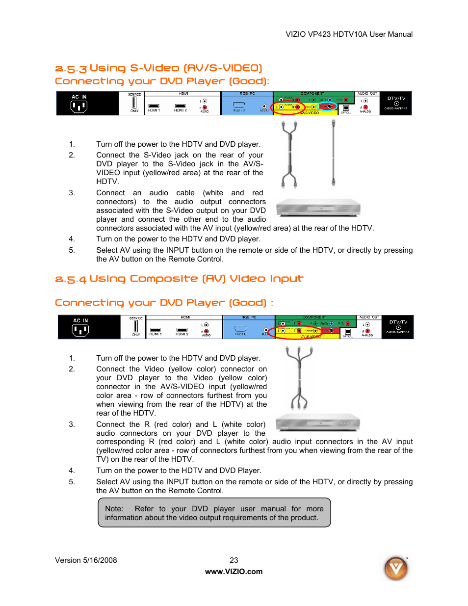 3 using s-video (av/s-video), 4 using composite (av) video input | Vizio VP423 10A User Manual | Page 23 / 80