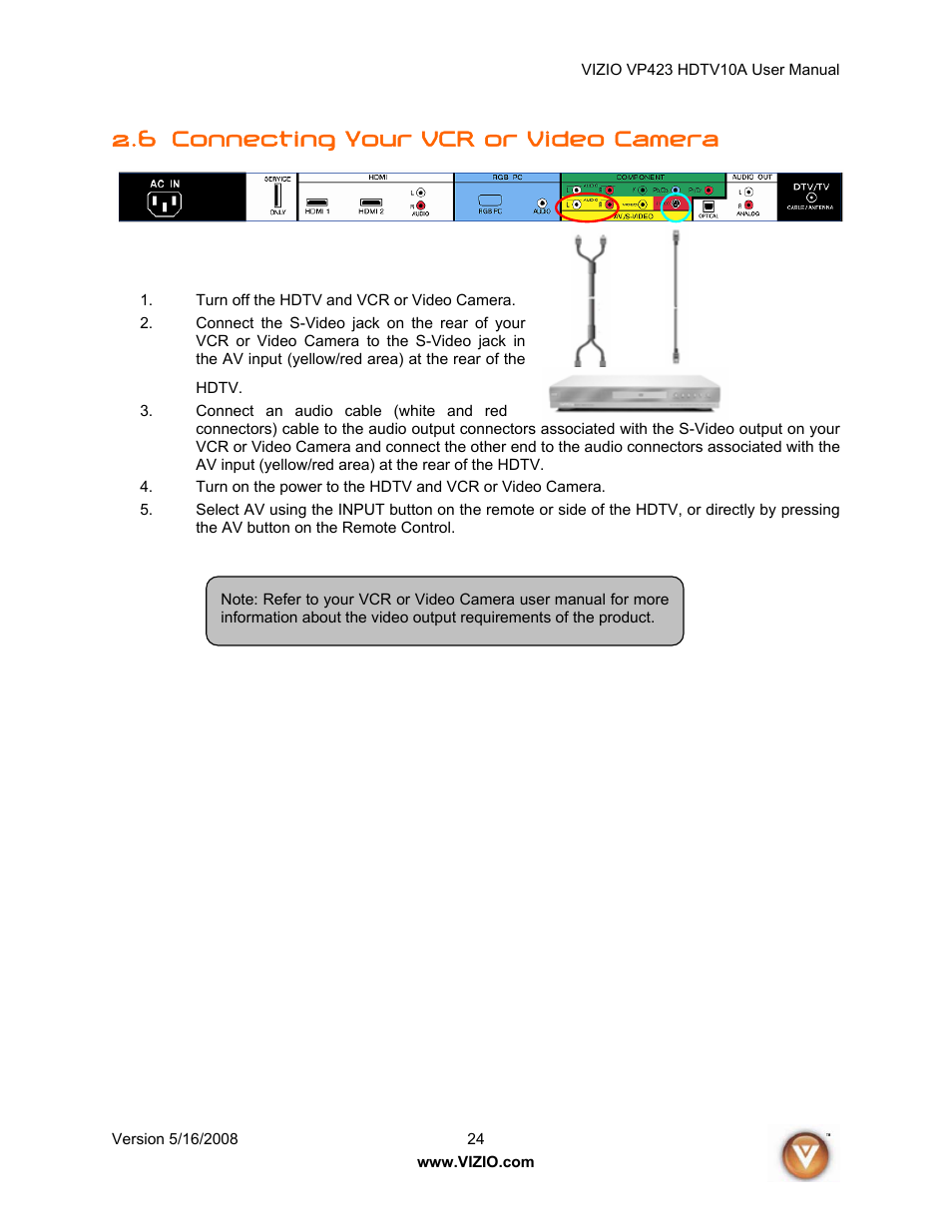 6 connecting your vcr or video camera | Vizio VP423 10A User Manual | Page 24 / 80