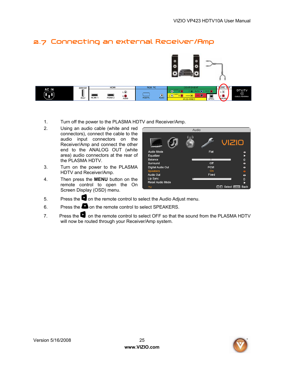 7 connecting an external receiver/amp | Vizio VP423 10A User Manual | Page 25 / 80