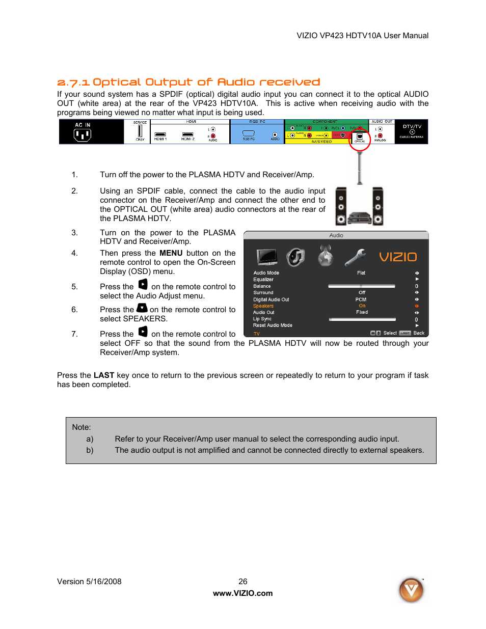 1 optical output of audio received | Vizio VP423 10A User Manual | Page 26 / 80