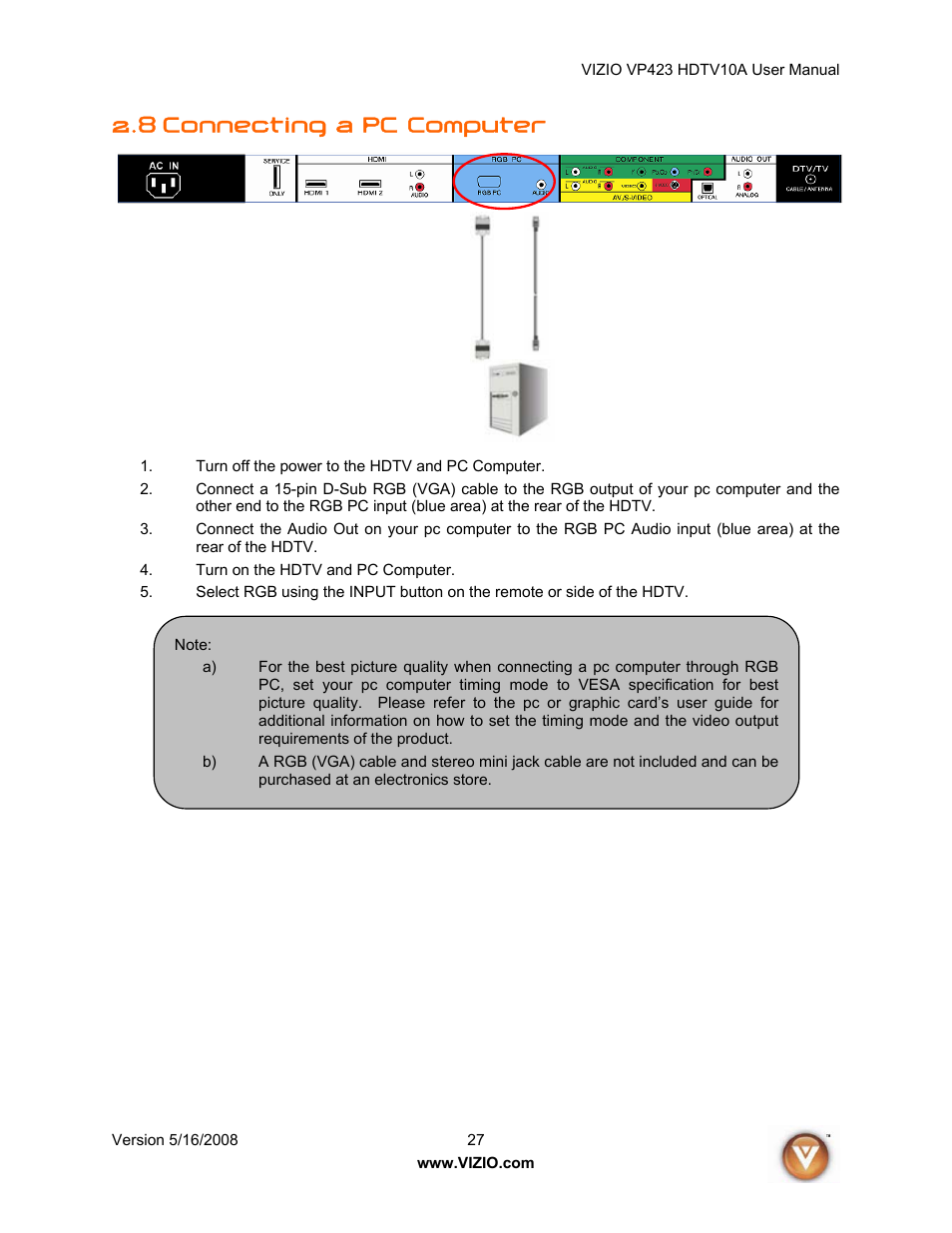 8 connecting a pc computer | Vizio VP423 10A User Manual | Page 27 / 80