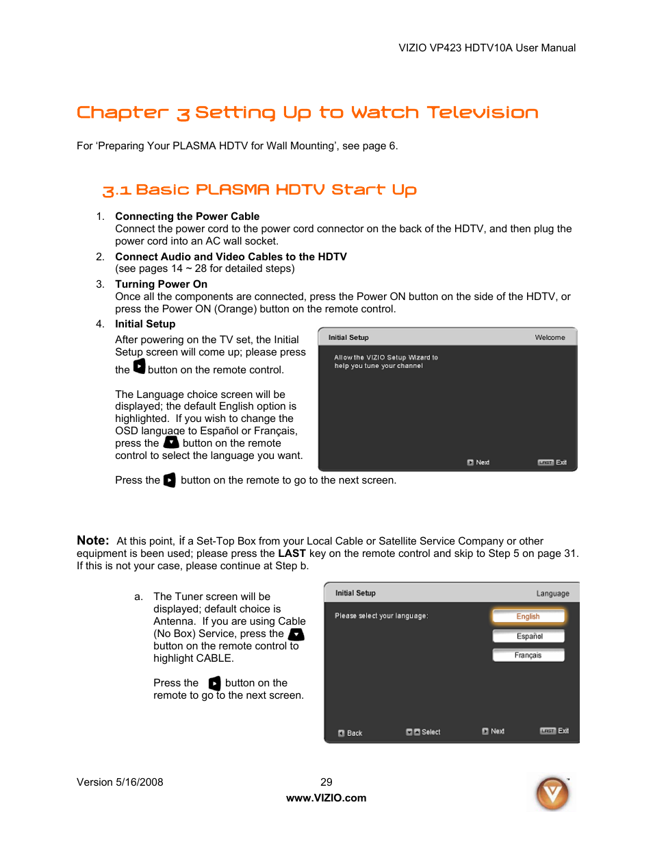 Chapter 3 setting up to watch television, 1 basic plasma hdtv start up | Vizio VP423 10A User Manual | Page 29 / 80