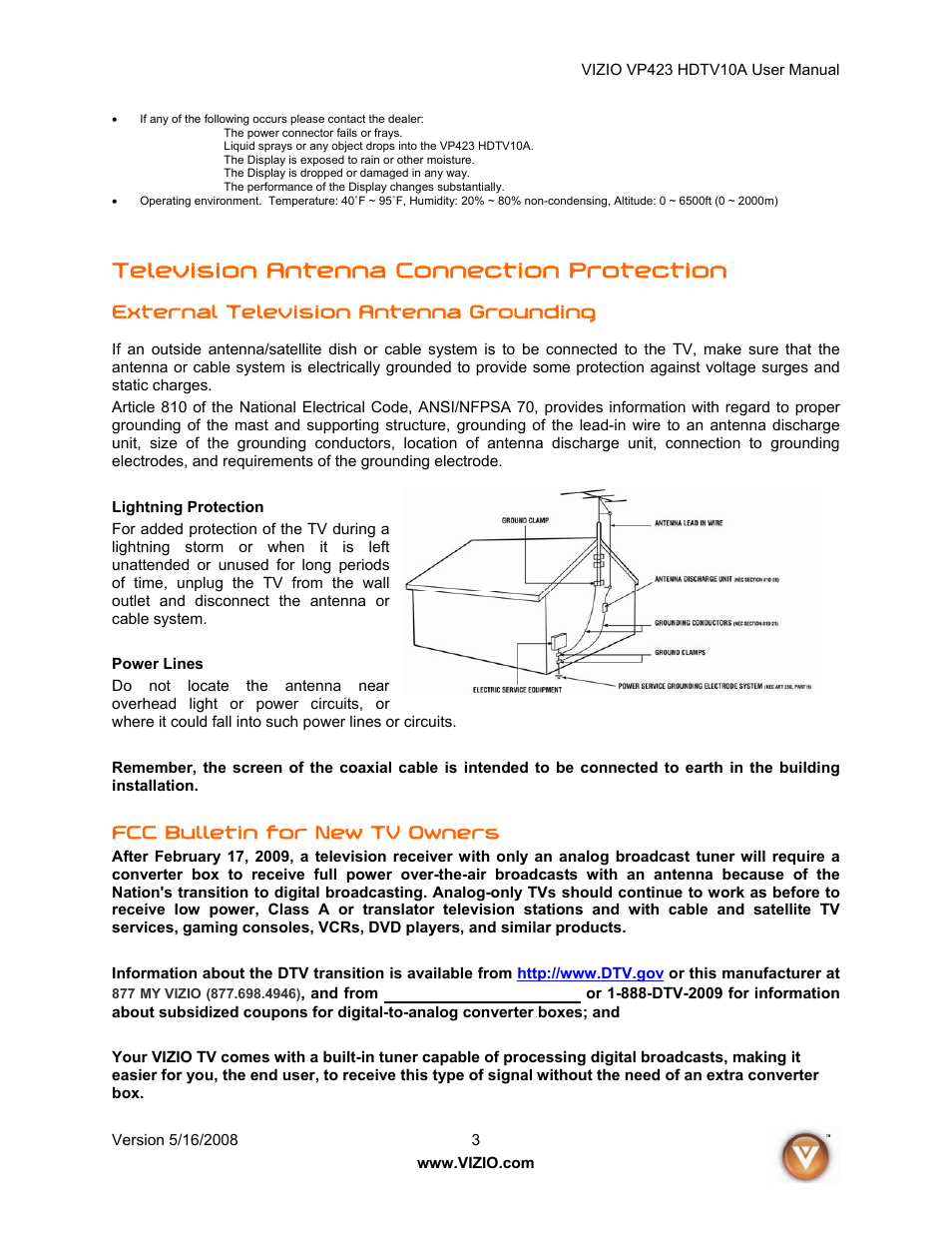 Television antenna connection protection, External television antenna grounding, Fcc bulletin for new tv owners | Vizio VP423 10A User Manual | Page 3 / 80