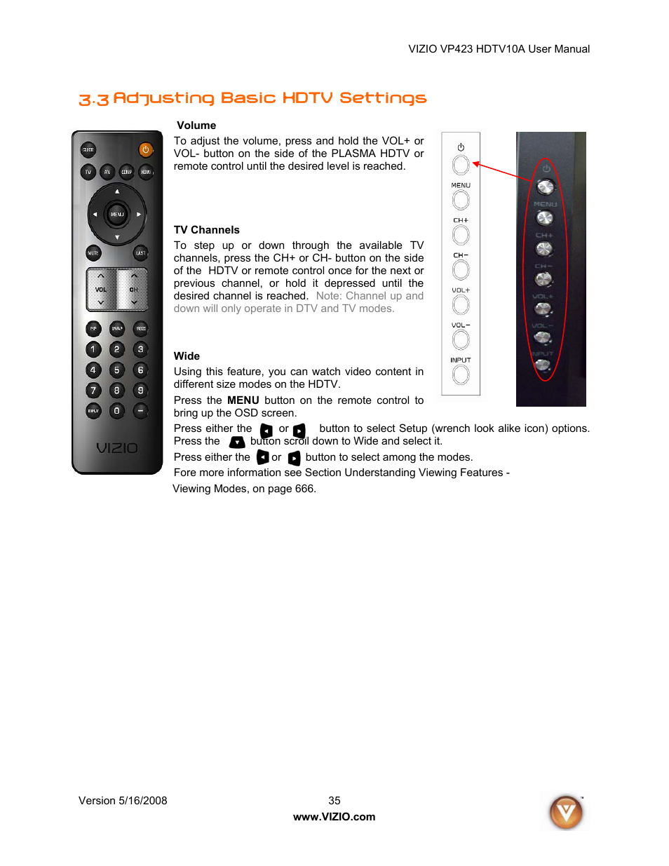 3 adjusting basic hdtv settings | Vizio VP423 10A User Manual | Page 35 / 80