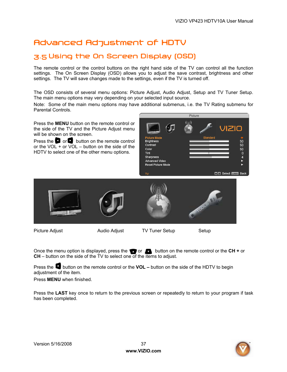 Advanced adjustment of hdtv, 5 using the on screen display (osd) | Vizio VP423 10A User Manual | Page 37 / 80