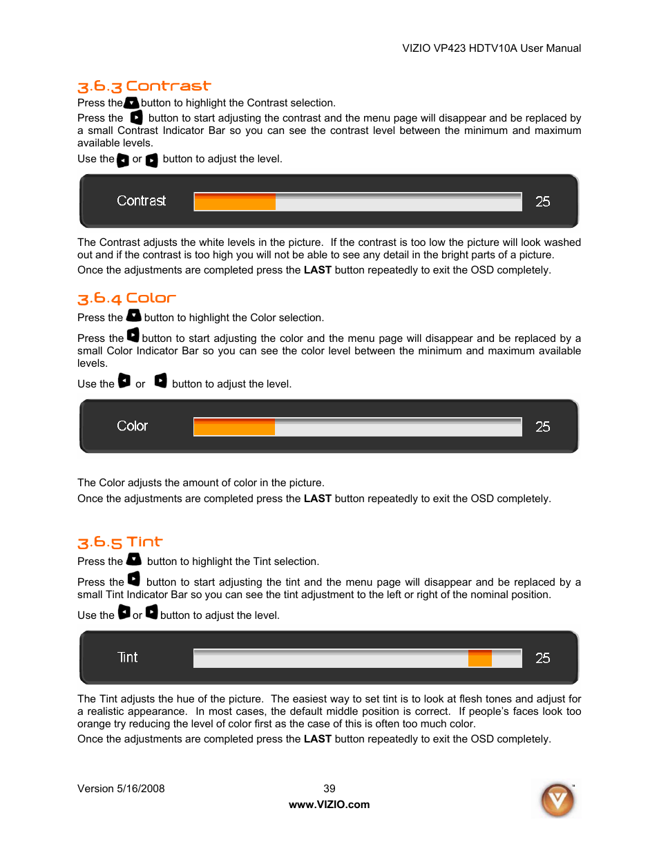Contrast, 4 color, 5 tint | 3 contrast | Vizio VP423 10A User Manual | Page 39 / 80