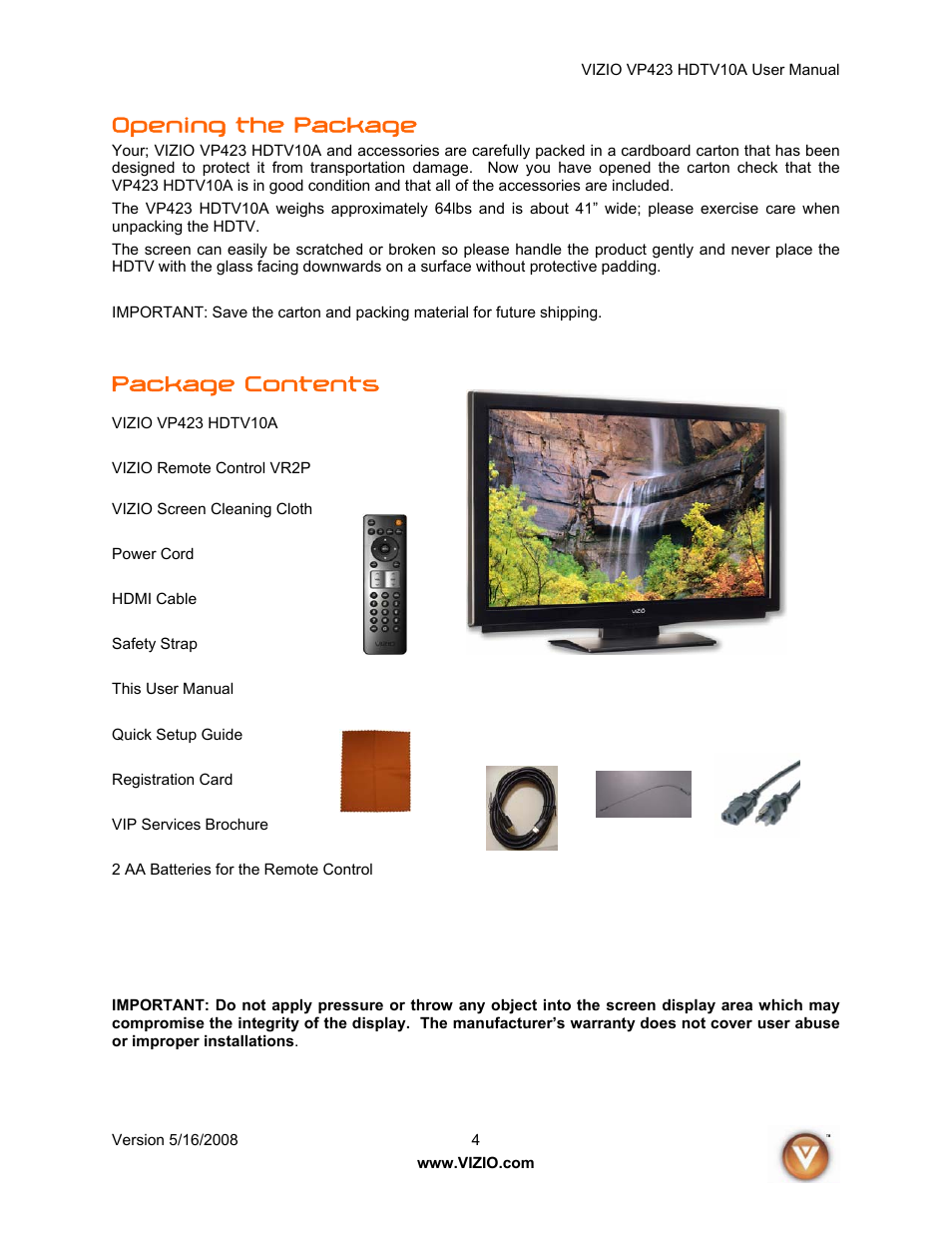 Opening the package, Package contents | Vizio VP423 10A User Manual | Page 4 / 80