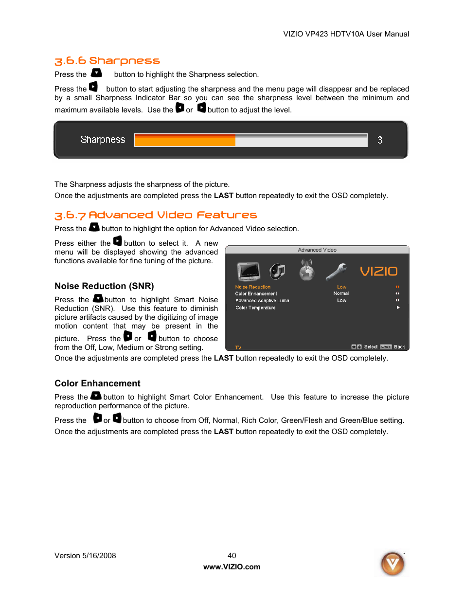 6 sharpness, 7 advanced video features, Noise reduction (snr) | Color enhancement | Vizio VP423 10A User Manual | Page 40 / 80