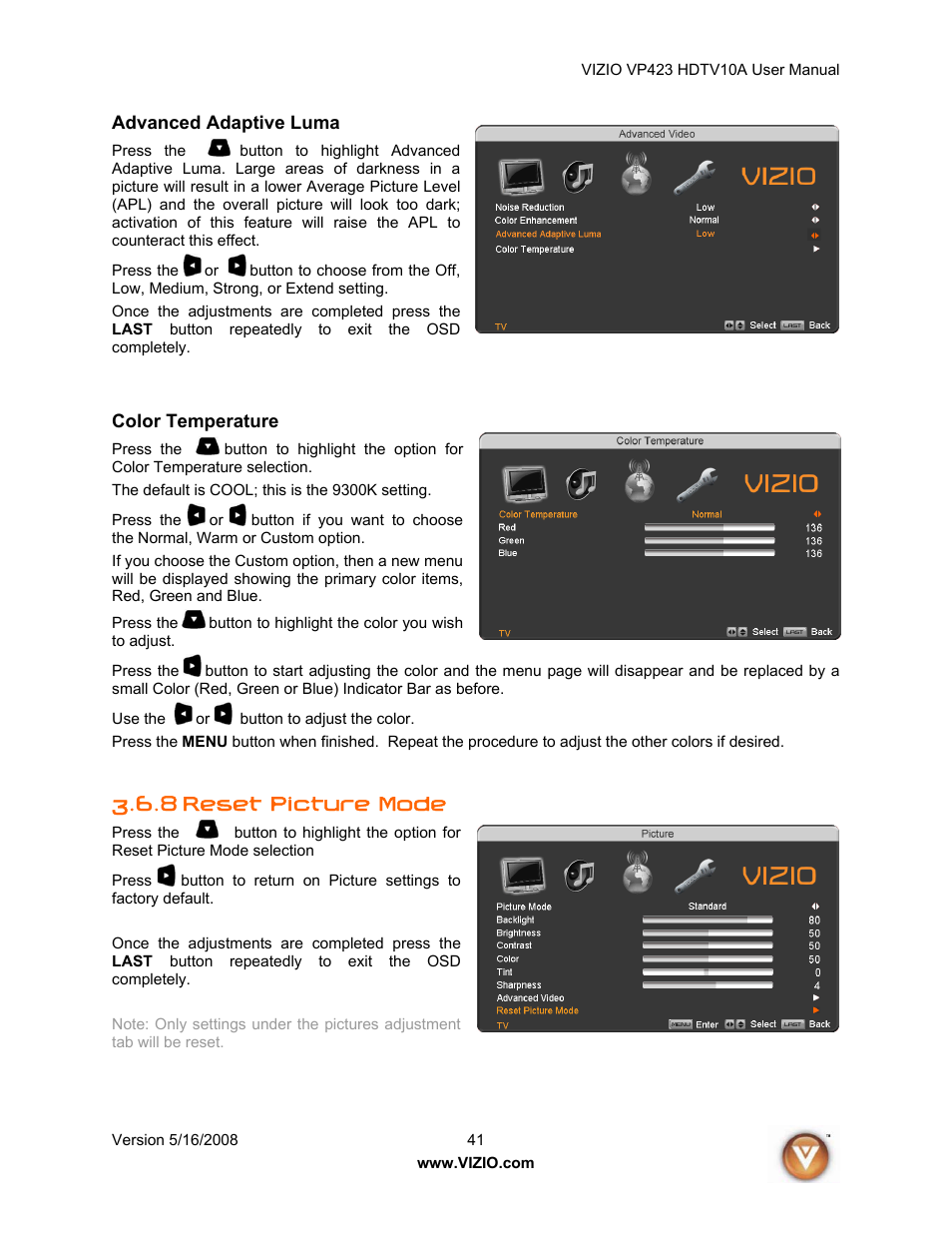 Advanced adaptive luma, Color temperature, 8 reset picture mode | Vizio VP423 10A User Manual | Page 41 / 80