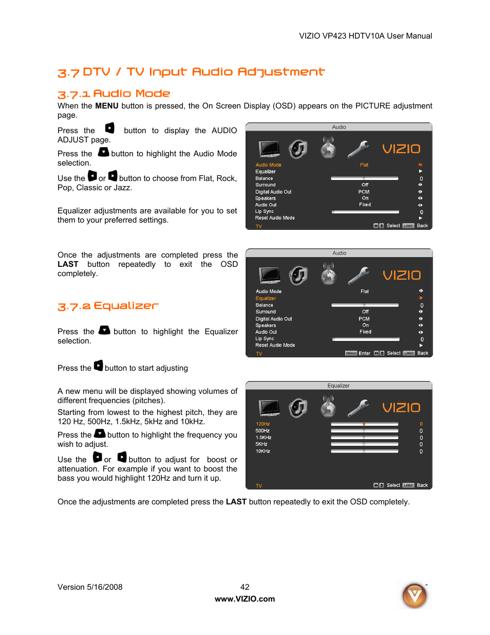7 dtv / tv input audio adjustment, 1 audio mode, 2 equalizer | Vizio VP423 10A User Manual | Page 42 / 80