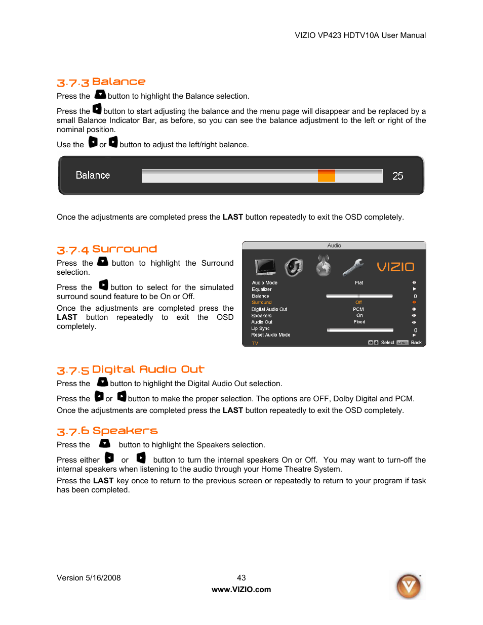 3 balance, Surround, 5 digital audio out | 6 speakers, 4 surround | Vizio VP423 10A User Manual | Page 43 / 80