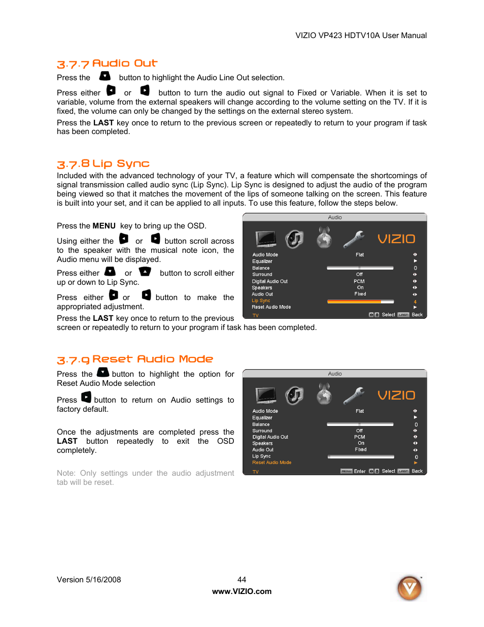 7 audio out, 8 lip sync, 9 reset audio mode | Vizio VP423 10A User Manual | Page 44 / 80