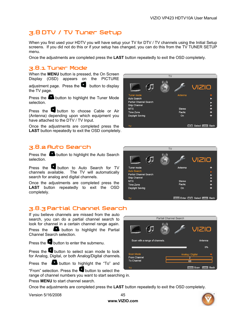 8 dtv / tv tuner setup, 1 tuner mode, Auto search | 3 partial channel search, 2 auto search | Vizio VP423 10A User Manual | Page 45 / 80