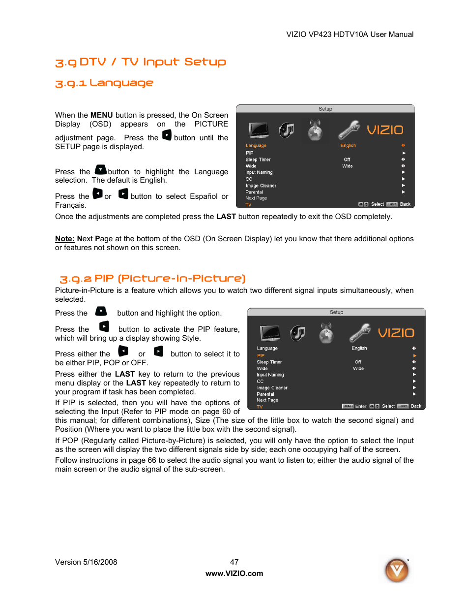 9 dtv / tv input setup, 1 language, 2 pip (picture-in-picture) | Vizio VP423 10A User Manual | Page 47 / 80